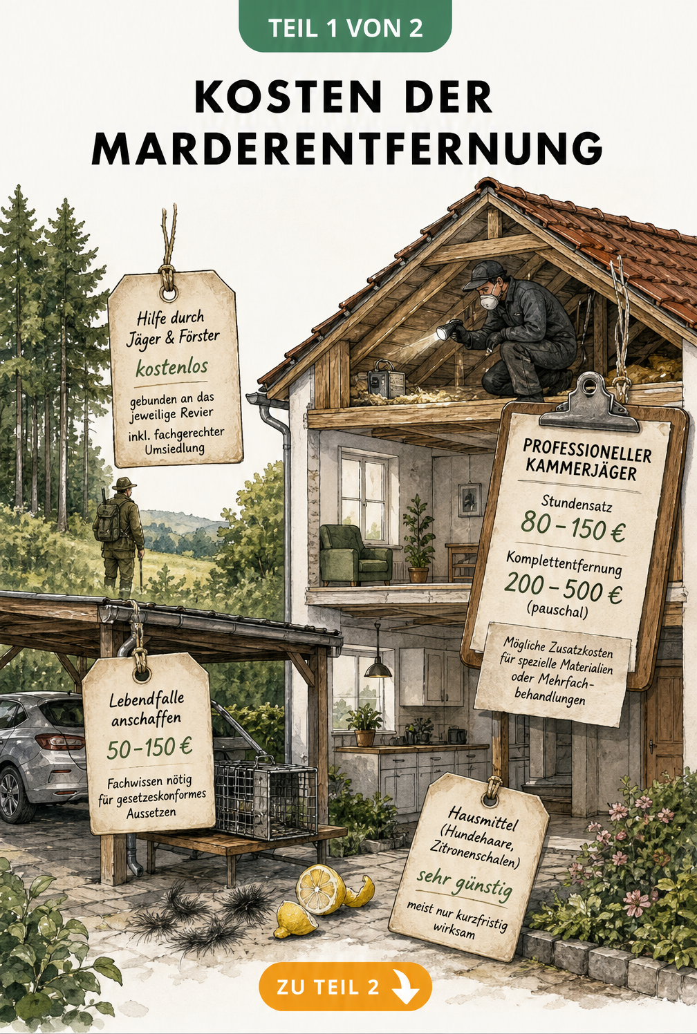 Illustration eines Hauses mit Garten und Carport, die Kosten für Marderentfernung durch Jäger, Lebendfallen und Kammerjäger zeigt