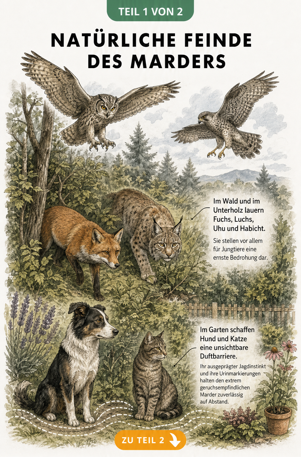 Illustration der natürlichen Feinde des Marders: Greifvögel am Himmel, Fuchs und Luchs im Wald sowie Hund und Katze im Garten.