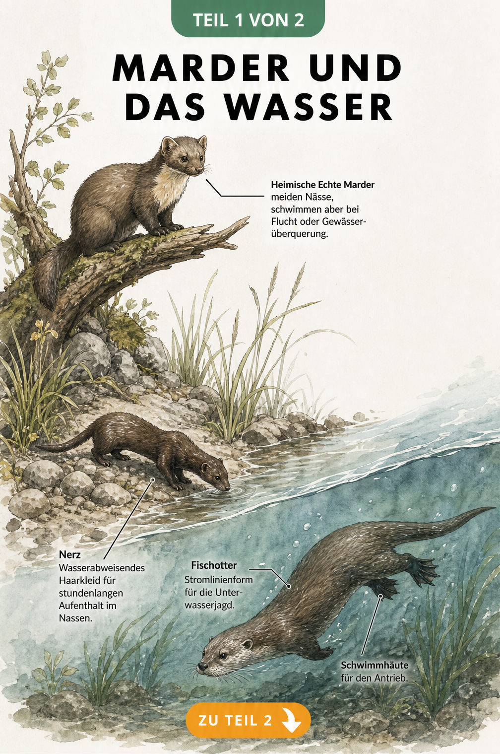 Illustration eines Steinmarders am Ufer, eines Fischotters und eines Nerzes im Wasser mit Erklärungen zu ihren Schwimmfähigkeiten