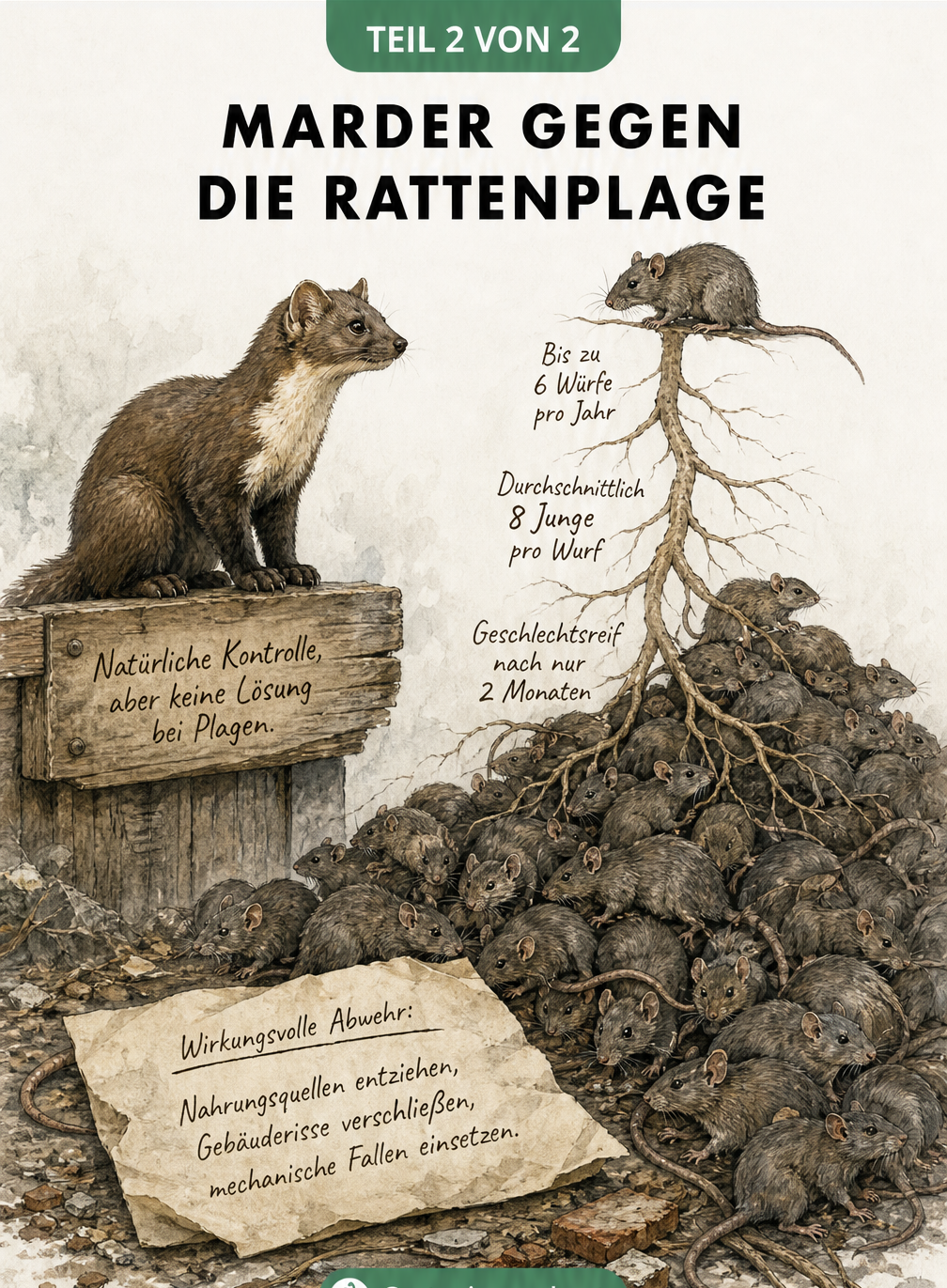 Skizze eines einzelnen Marders gegenüber einer sich rasant vermehrenden Rattenpopulation, ergänzt durch Tipps zur Rattenabwehr.