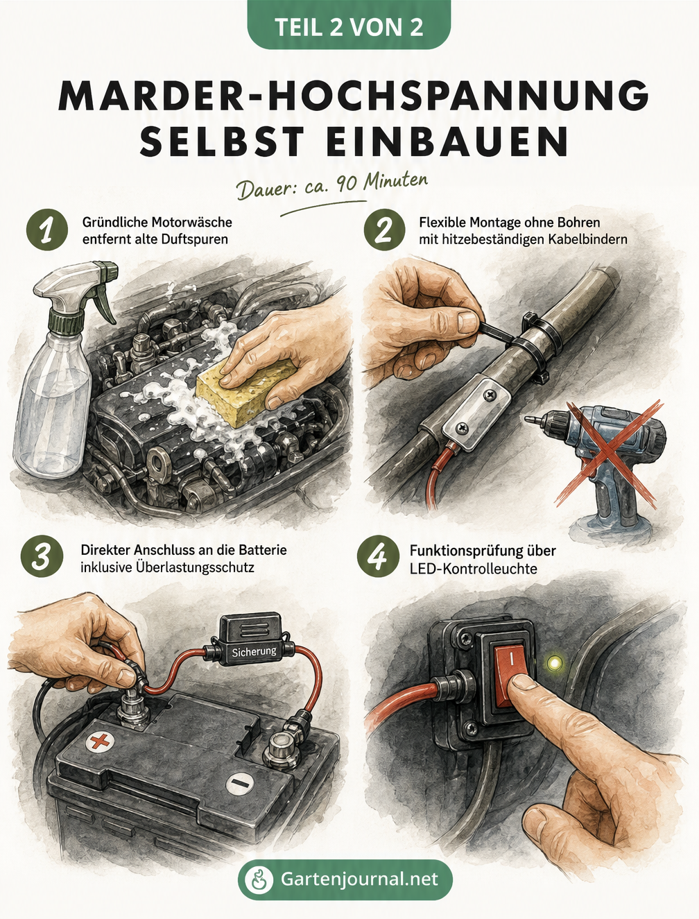 Vier Skizzen zeigen die Montage eines Marder-Hochspannungssystems: Motorwäsche, Befestigung der Kontaktplatten, Batterieanschluss und Funktionsprüfung