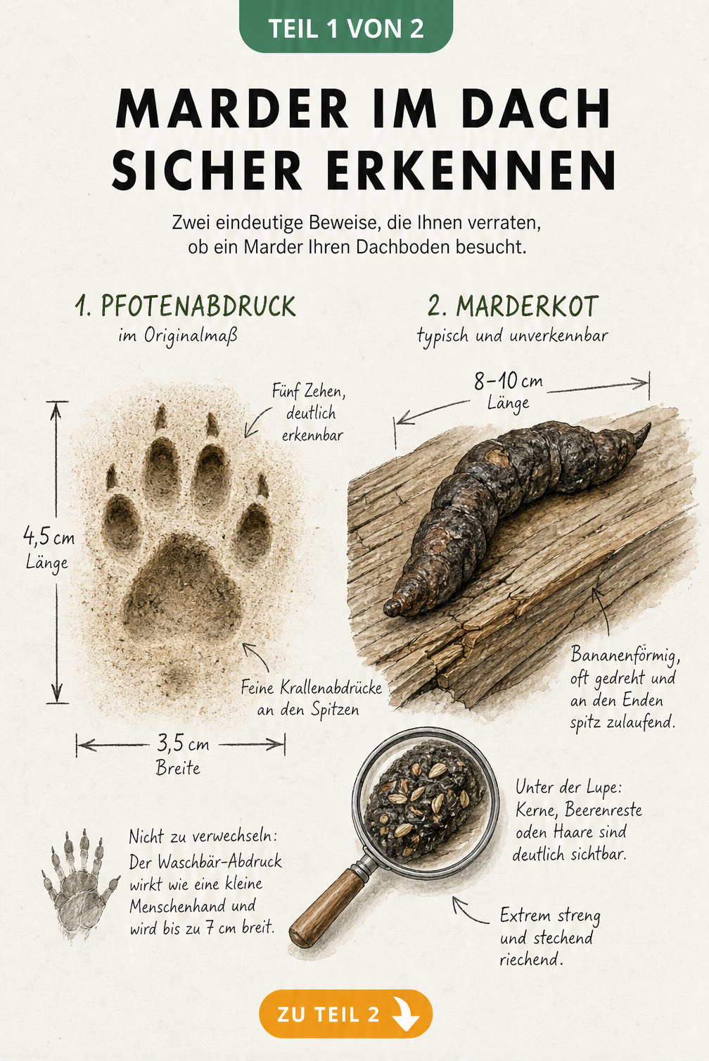 Illustration eines Marder-Pfotenabdrucks und Marderkots auf einem Dachbalken mit Maßangaben