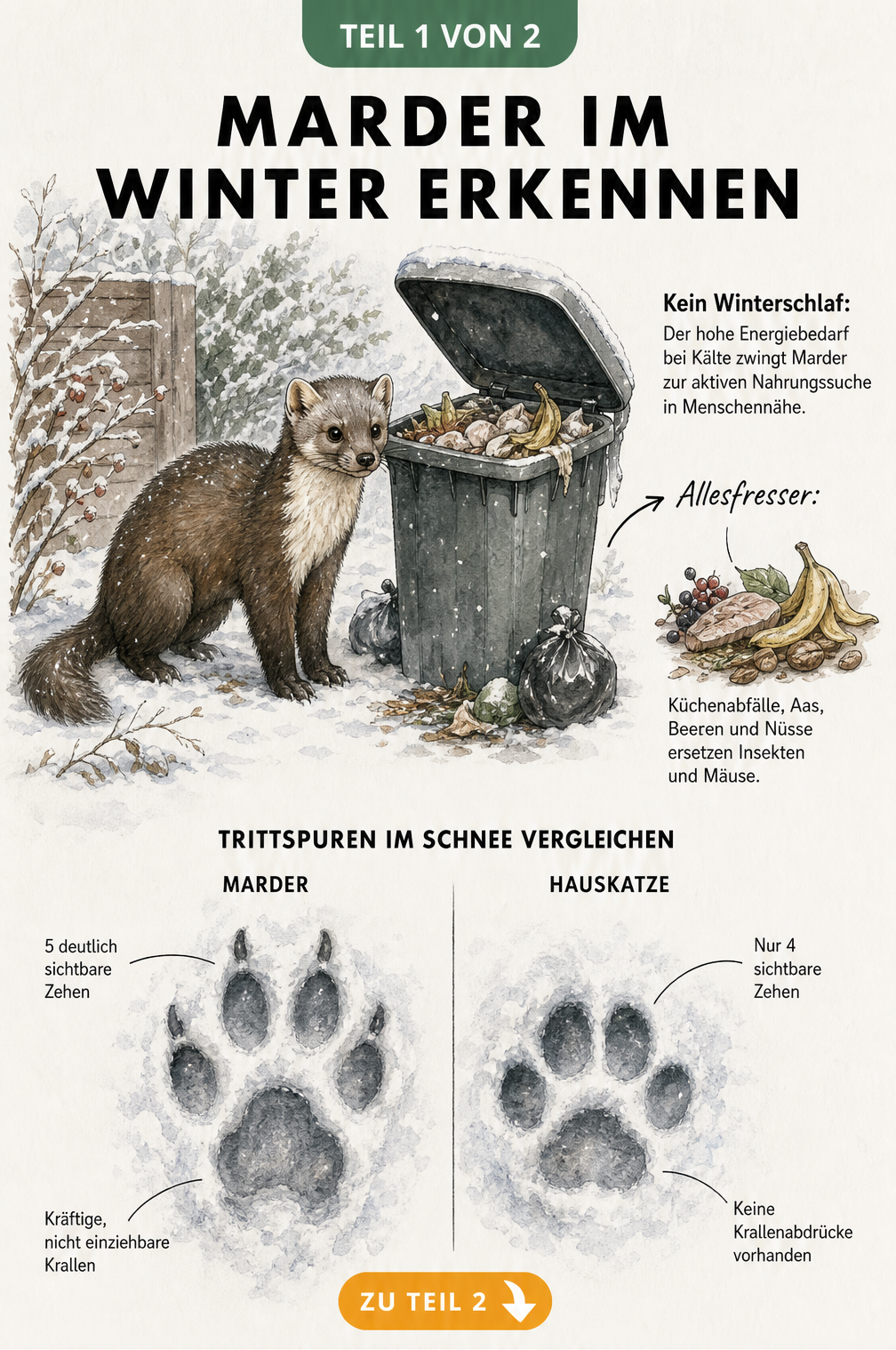 Illustration eines Steinmarders im Schnee neben einer Mülltonne und Vergleich von Marder- und Katzen-Trittsiegeln