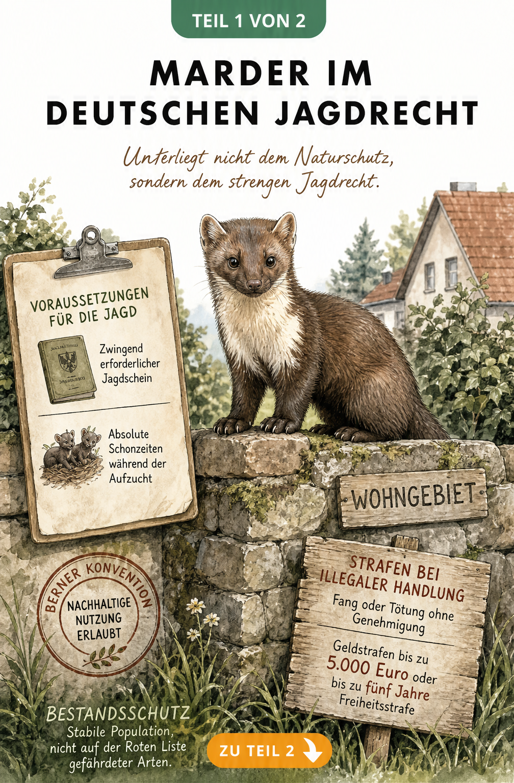 Illustration eines Steinmarders auf einer Steinmauer mit rechtlichen Fakten zum Jagdrecht, Schonzeiten und Strafen