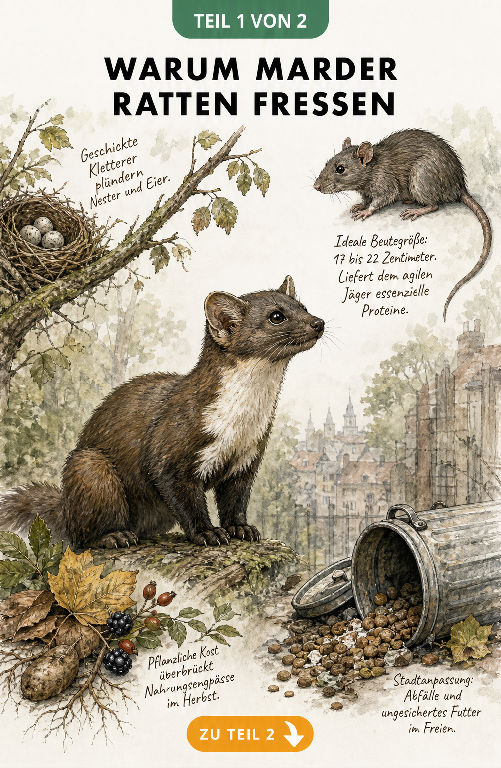 Illustration eines Marders, der eine Ratte als Beute fixiert, umgeben von weiteren Nahrungsquellen wie Vogeleiern, Beeren und Abfällen.