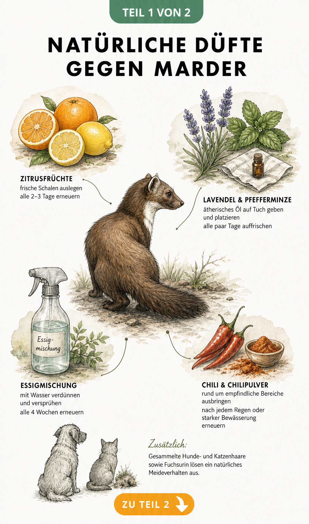 Illustration eines Marders umgeben von natürlichen Abwehrmitteln wie Zitrusfrüchten, Lavendel, Essig und Chili