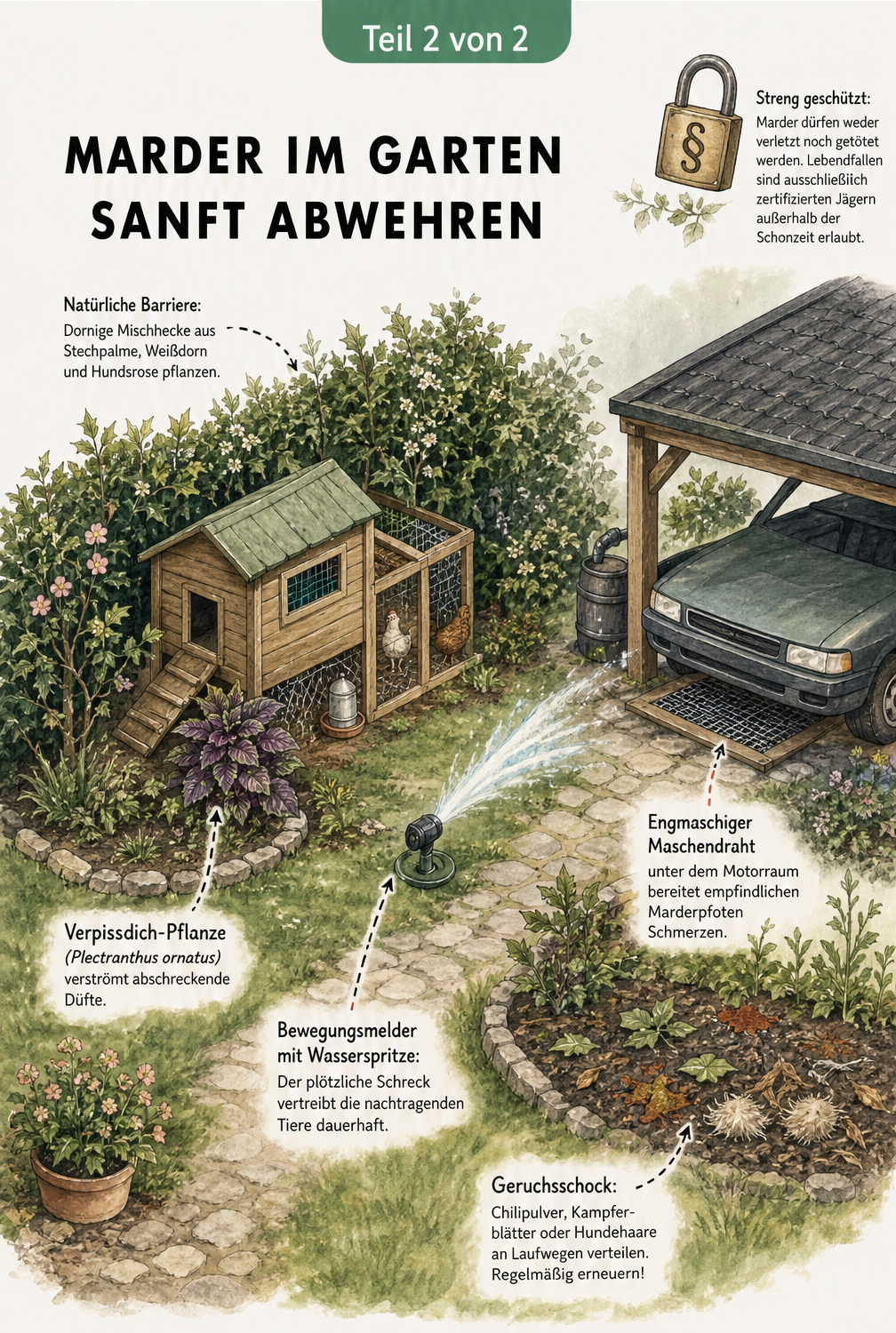 Isometrische Zeichnung eines Gartens mit Hühnerstall und Carport, die sanfte Abwehrmaßnahmen wie dornige Hecken, Verpissdich-Pflanzen und Maschendraht zeigt.