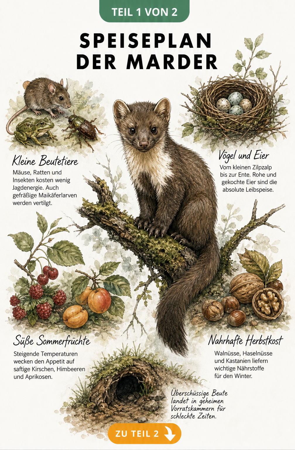 Illustration eines Steinmarders auf einem Ast mit seinen Nahrungsquellen wie Mäusen, Vogeleiern, Beeren und Nüssen