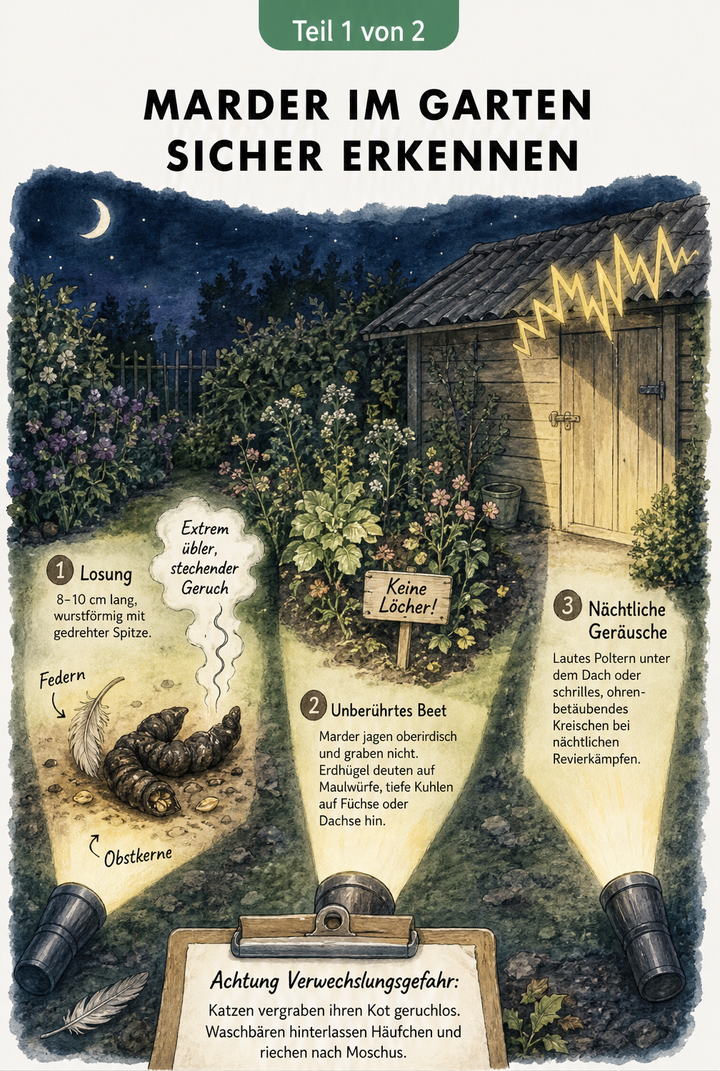 Illustration einer nächtlichen Gartenszene mit Taschenlampen, die Marder-Spuren wie Kot, fehlende Löcher und Geräusche am Schuppen beleuchten.