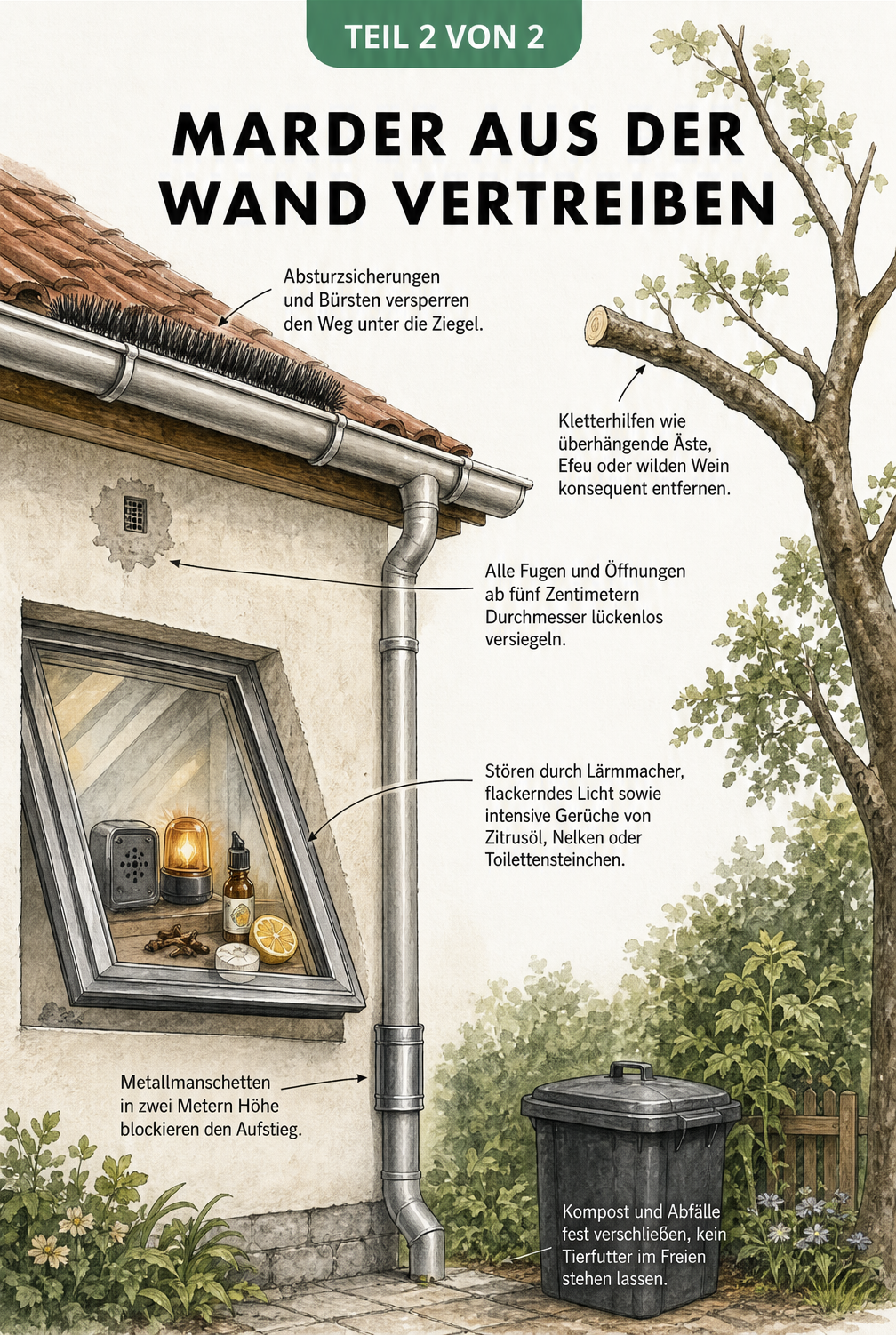 Außenansicht eines Hauses mit Maßnahmen zur Marderabwehr wie Metallmanschetten, Bürsten und verschlossenen Fugen