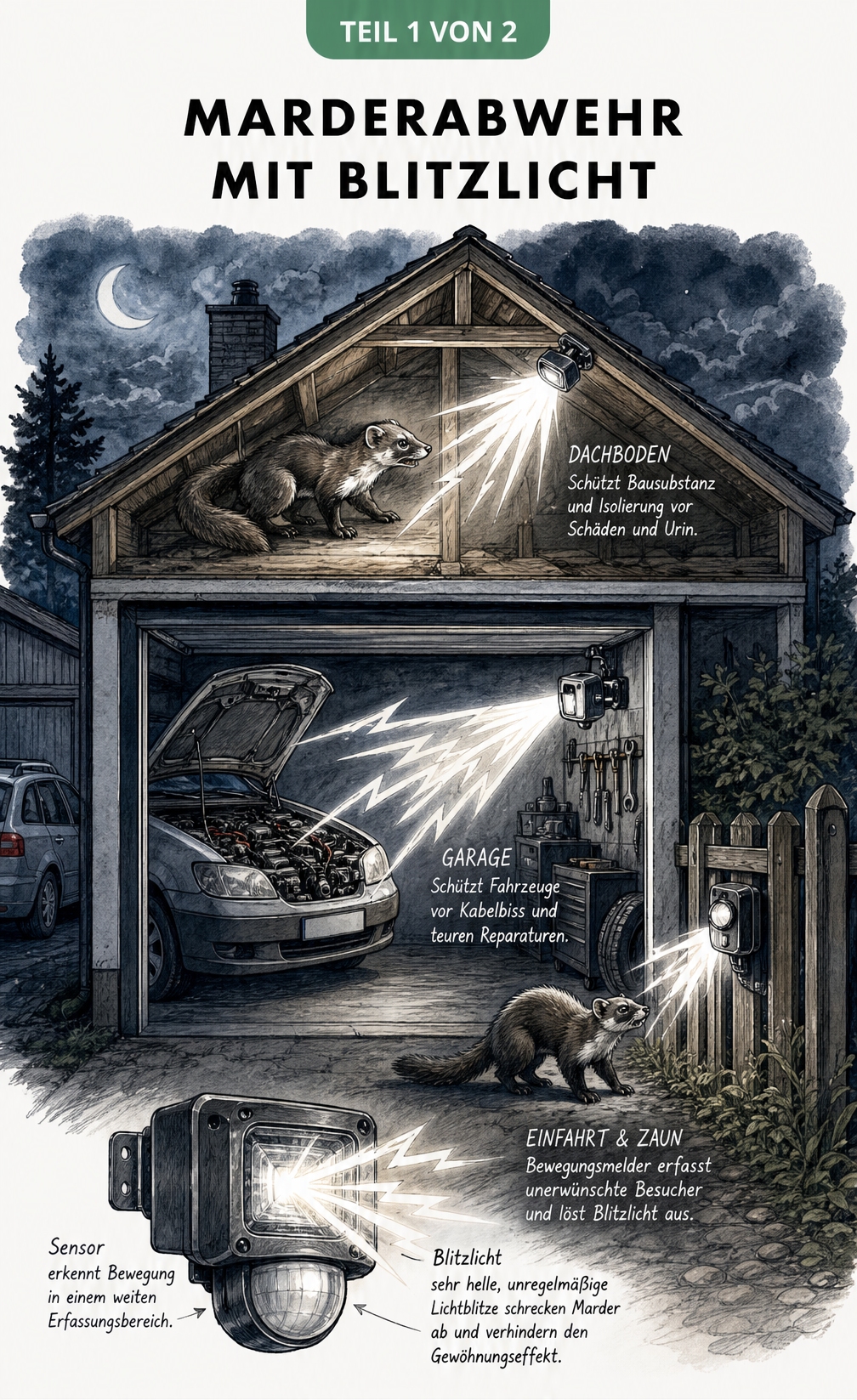 Querschnitt eines Hauses bei Nacht, der zeigt, wie Lichtblitze im Dachboden, in der Garage und am Gartenzaun Marder abschrecken.