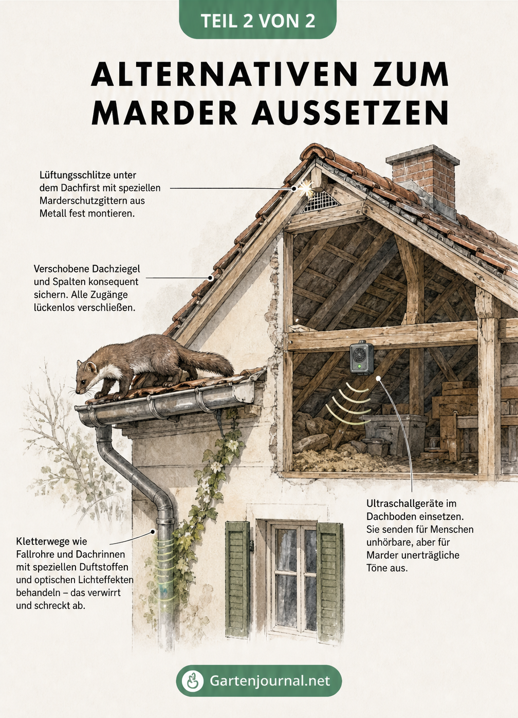 Architektonische Skizze eines Dachstuhls mit Marder und Markierungen für Abwehrmaßnahmen