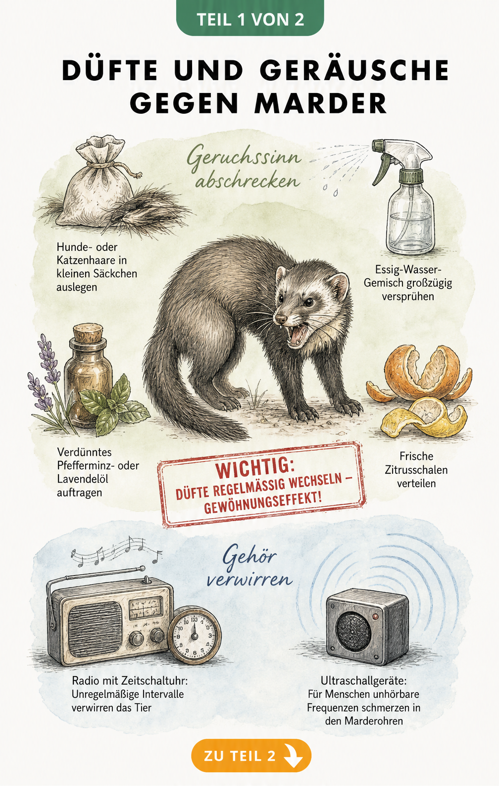 Illustration von Hausmitteln gegen Marder wie Hundehaare, Essigwasser, Lavendelöl und Zitrusschalen