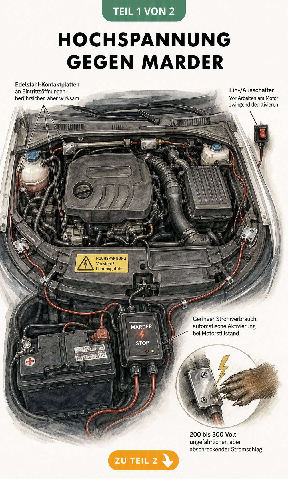 Illustration eines Motorraums mit eingebautem Hochspannungssystem zur Marderabwehr, inklusive Netzgerät, Kontaktplatten und Warnaufkleber