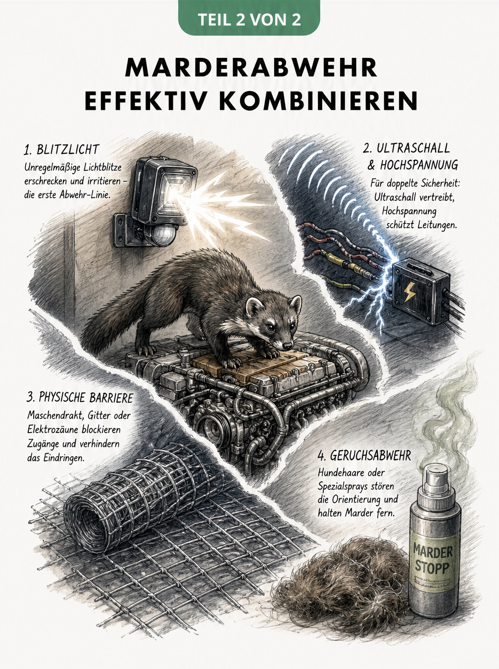 Illustration eines mehrstufigen Abwehrsystems gegen Marder, das Blitzlicht, Ultraschall, Hochspannung, physische Barrieren und Geruchsabwehr kombiniert.