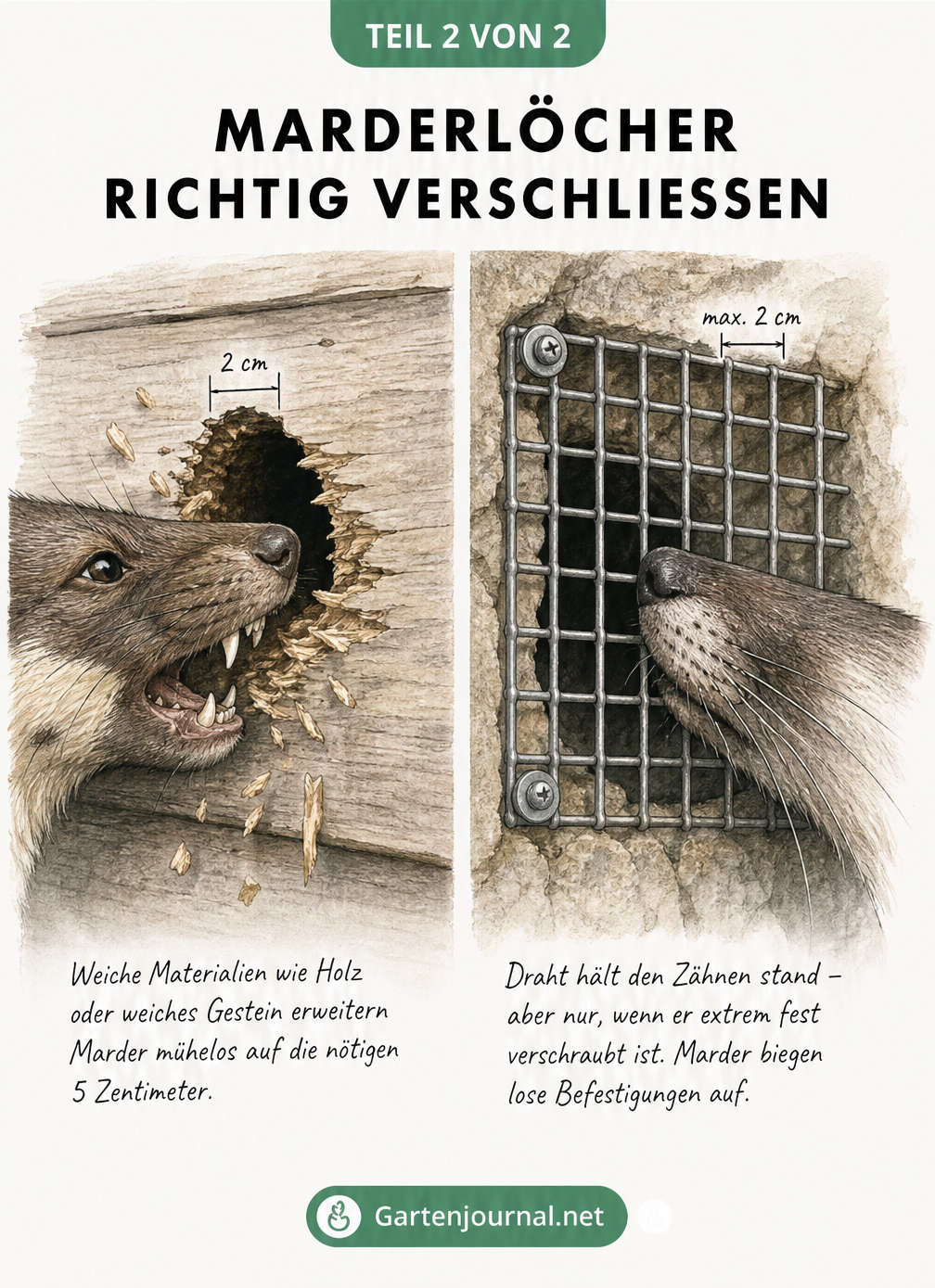 Zwei Szenen im Vergleich: Ein Marder nagt ein Holzloch größer, während er an einem fest verschraubten Maschendrahtgitter scheitert.