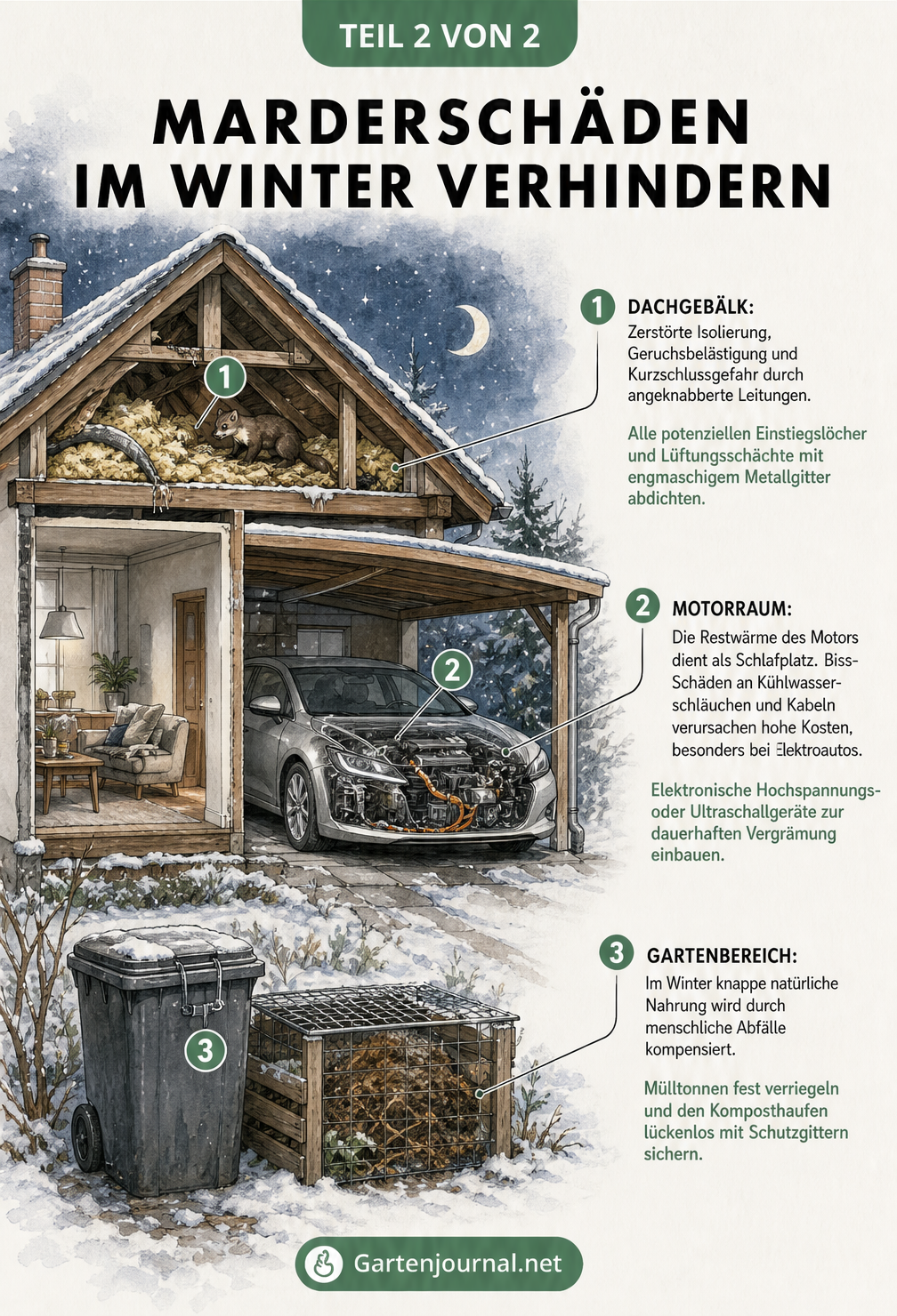 Schnittgrafik eines Hauses mit Carport, die Marderschäden an Dachgebälk, Auto und Mülltonnen zeigt