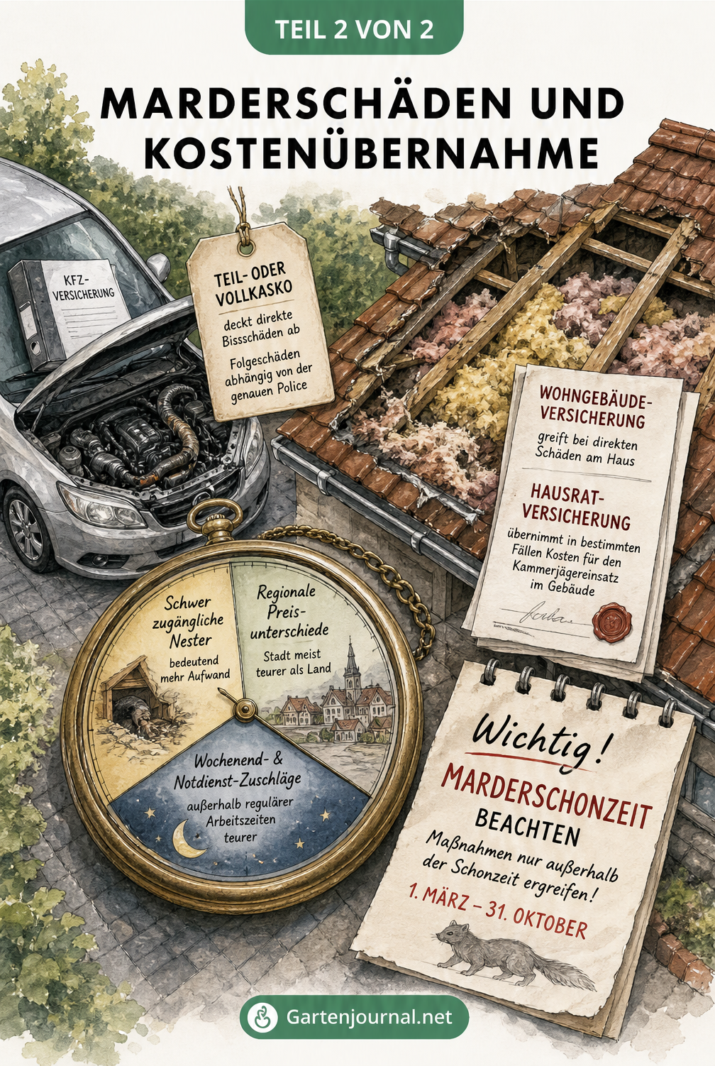 Wimmelbild eines Hauses und Autos, das Marderschäden, zuständige Versicherungen und Preistreiber wie Schonzeiten zeigt