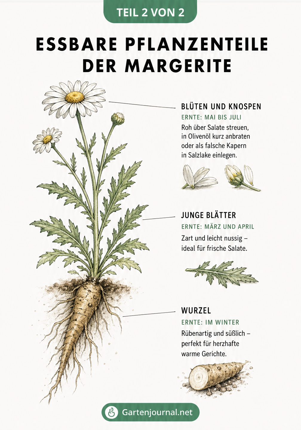 Botanische Zeichnung einer Margerite mit Markierungen der essbaren Pflanzenteile wie Blüten, Blätter und Wurzeln