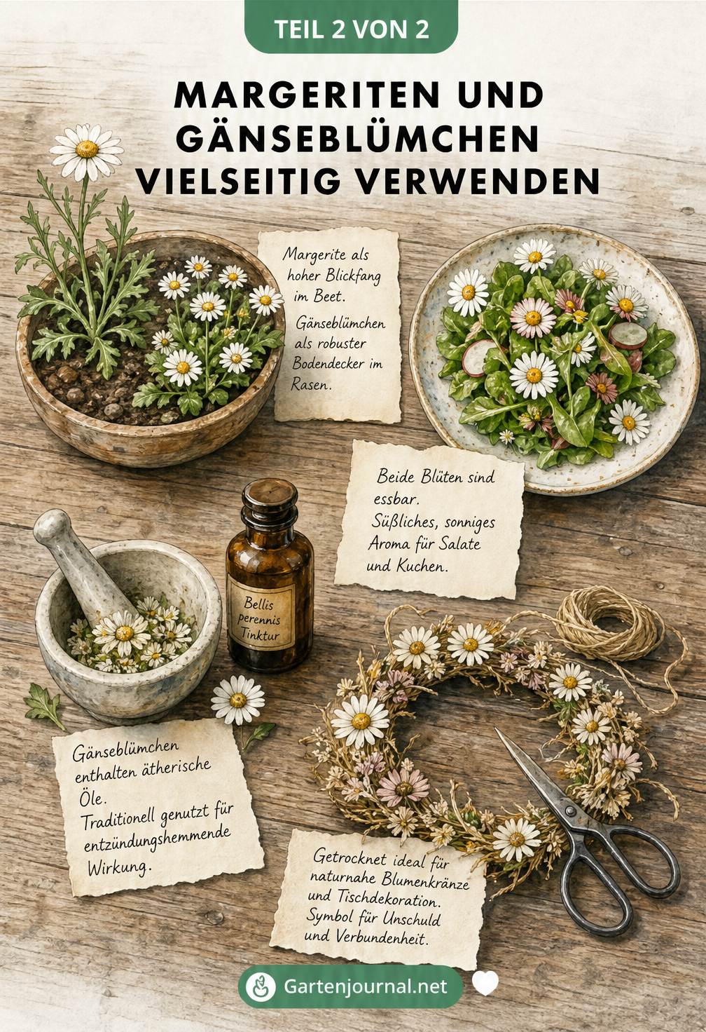 Illustration verschiedener Verwendungszwecke von Margeriten und Gänseblümchen als Zierpflanze, in der Küche, Heilkunde und Dekoration