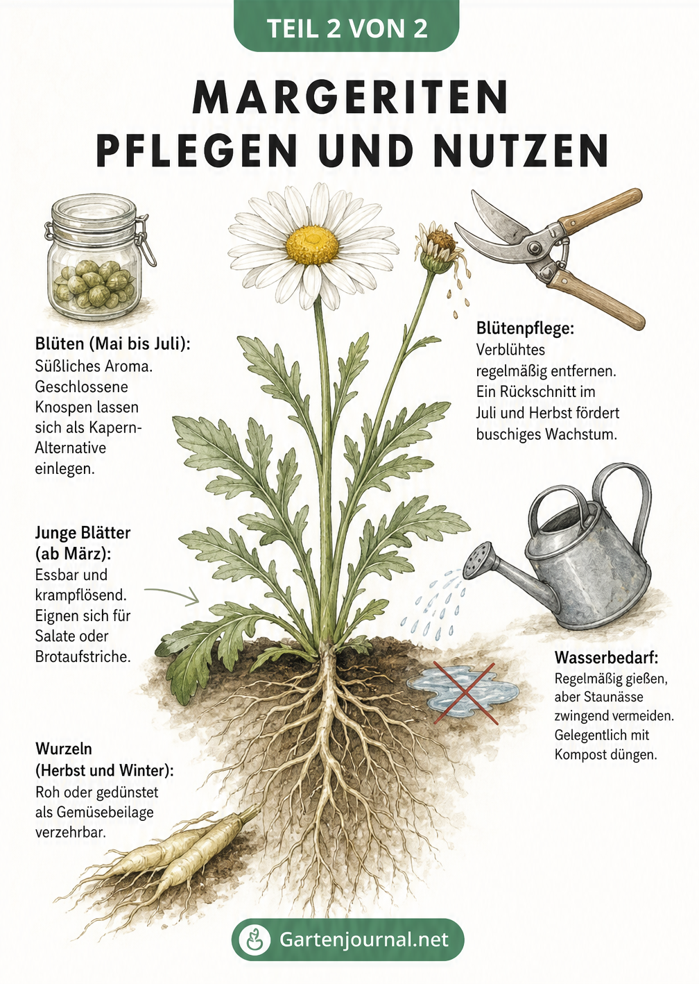 Botanische Illustration einer Wiesen-Margerite mit Pflegehinweisen und Nutzungsmöglichkeiten