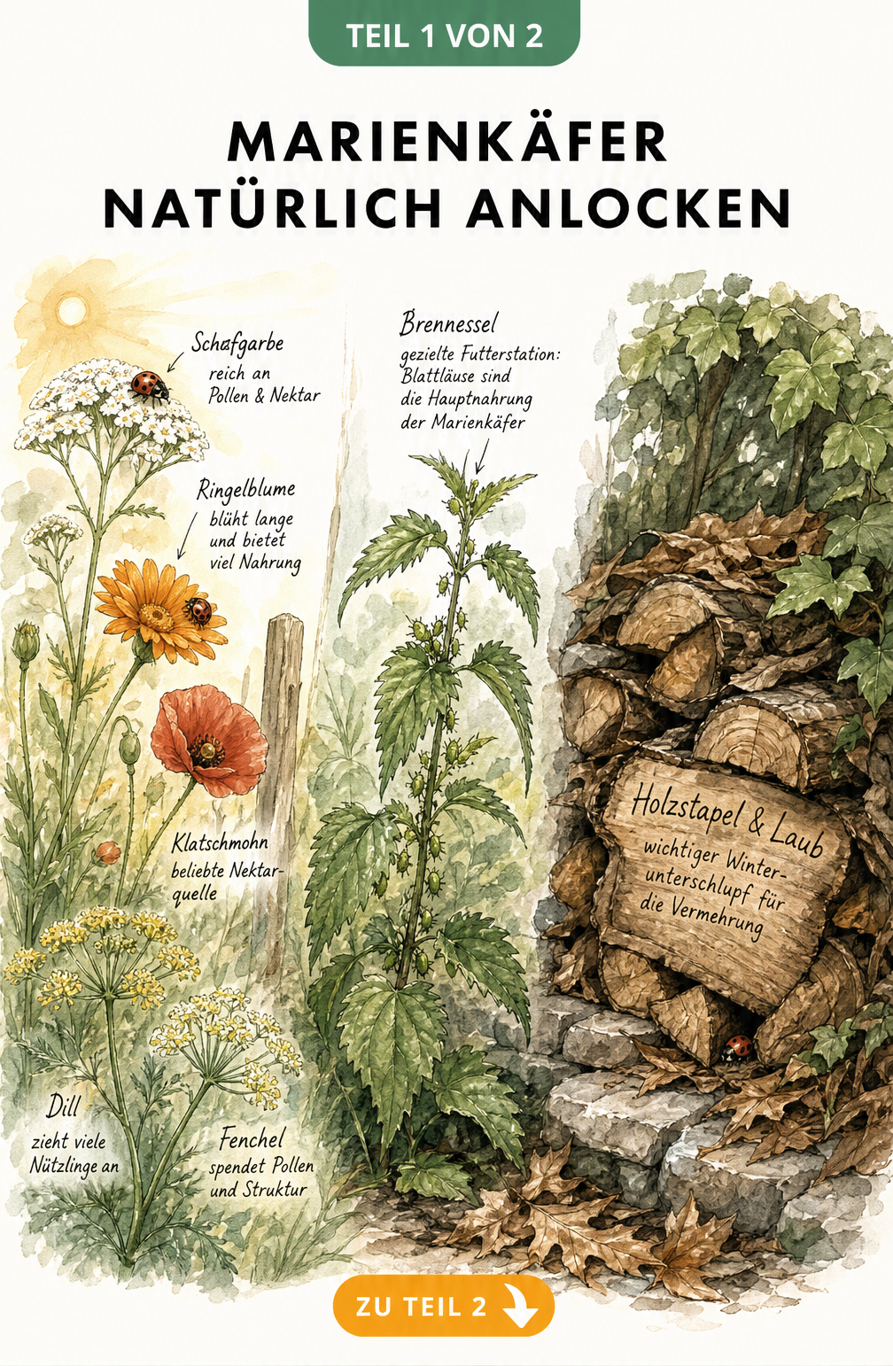 Botanische Illustration eines naturnahen Gartens mit Schafgarbe, Ringelblume, Brennnessel und Holzstapel als Lebensraum für Marienkäfer