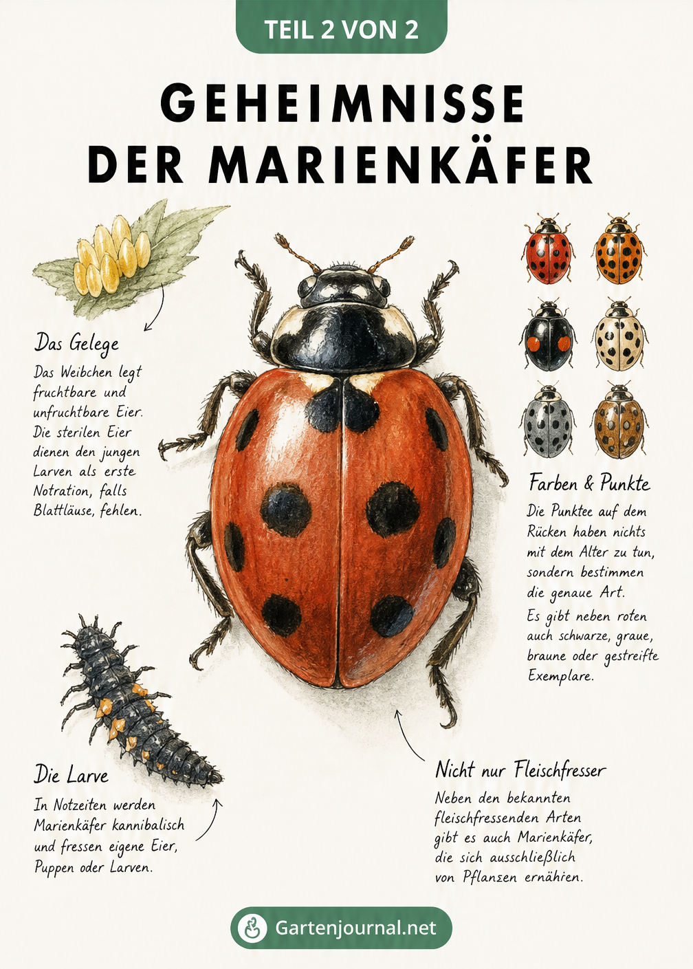 Detaillierte Zeichnung eines Marienkäfers mit Eiern, Larve und verschiedenen Farbmustern, die spannende Fakten über die Insekten erklärt.