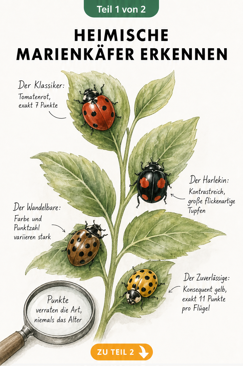 Vier verschiedene Marienkäfer-Arten auf grünen Blättern mit ihren typischen Merkmalen