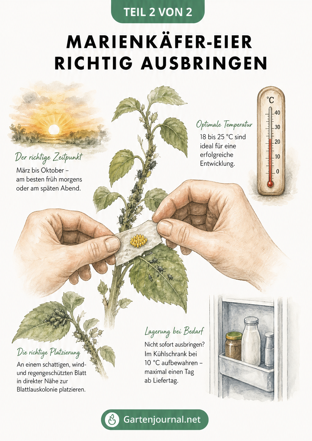 Illustration zur richtigen Ausbringung von Marienkäfer-Eiern an einer Pflanze