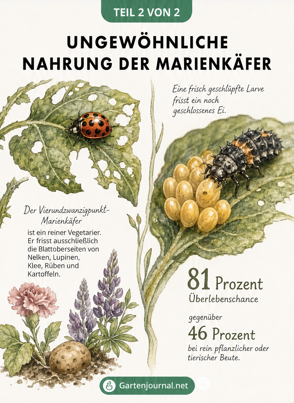 Illustration eines Vierundzwanzigpunkt-Marienkäfers auf einem angefressenen Kartoffelblatt und einer Marienkäfer-Larve, die ein Ei frisst