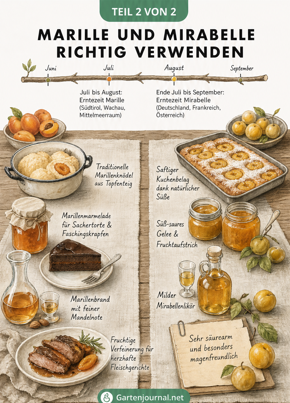 Illustration von Erntezeiten und typischen Gerichten für Marillen und Mirabellen auf einem Holztisch