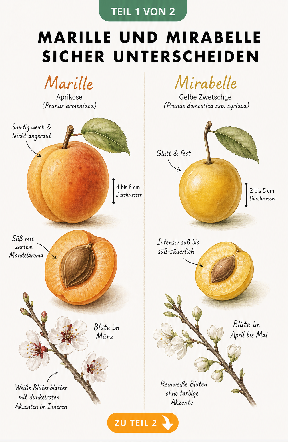Botanische Illustration von Marille und Mirabelle mit Kern, Blüte und Beschriftung der Unterschiede