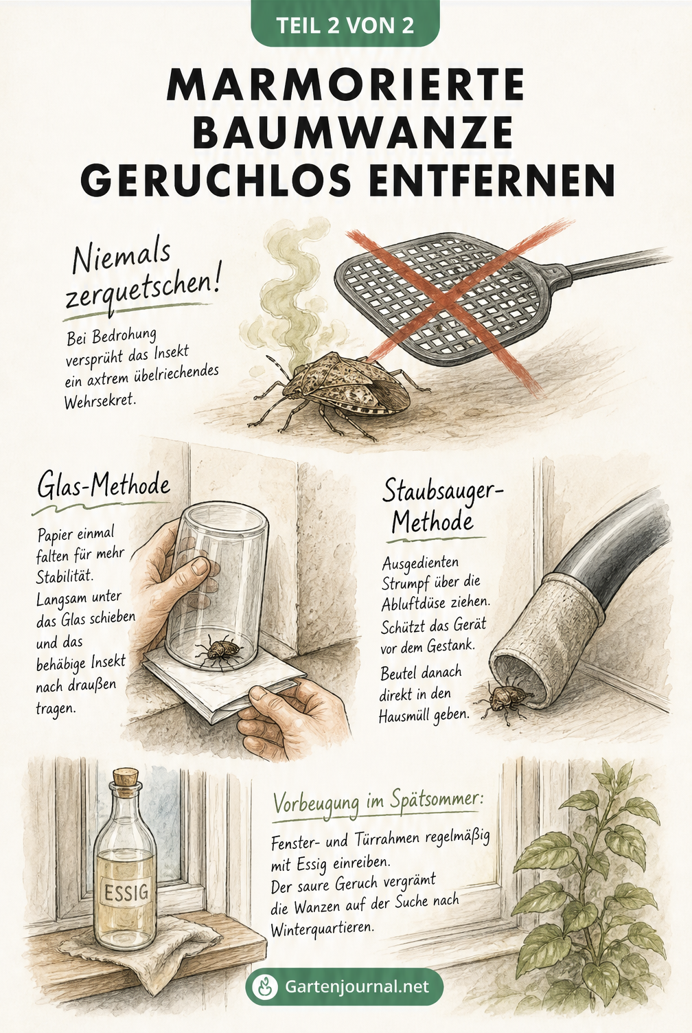 Skizze zur geruchlosen Entfernung der Marmorierten Baumwanze mit Glas und Papier sowie dem Staubsauger