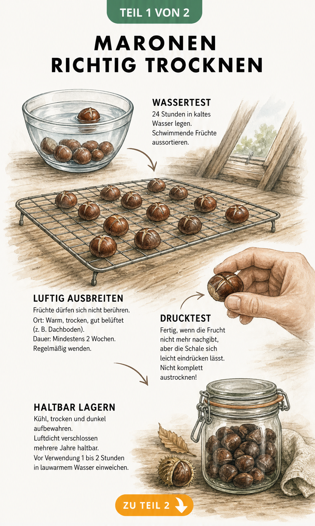 Illustration des Trocknungsprozesses von Maronen: Wassertest, Ausbreiten auf Gitterrost, Drucktest und Lagerung im Glas