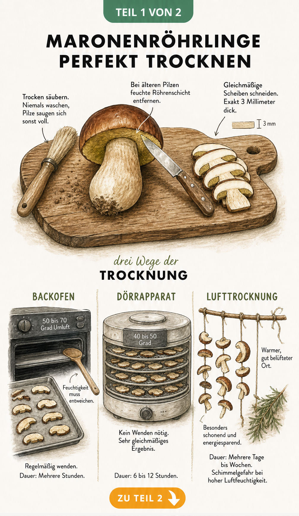 Illustration zur Vorbereitung und Trocknung von Maronenröhrlingen im Backofen, Dörrapparat und an der Luft