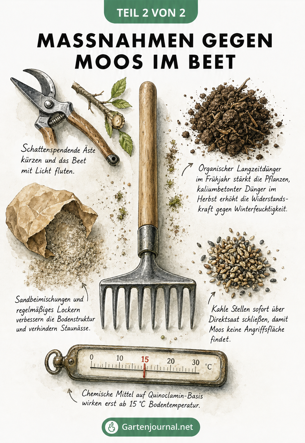 Illustration von Gartenwerkzeugen und Materialien wie Vertikutierrechen, Gartenschere, Sand, Dünger und Saatgut zur Bekämpfung von Moos im Beet.