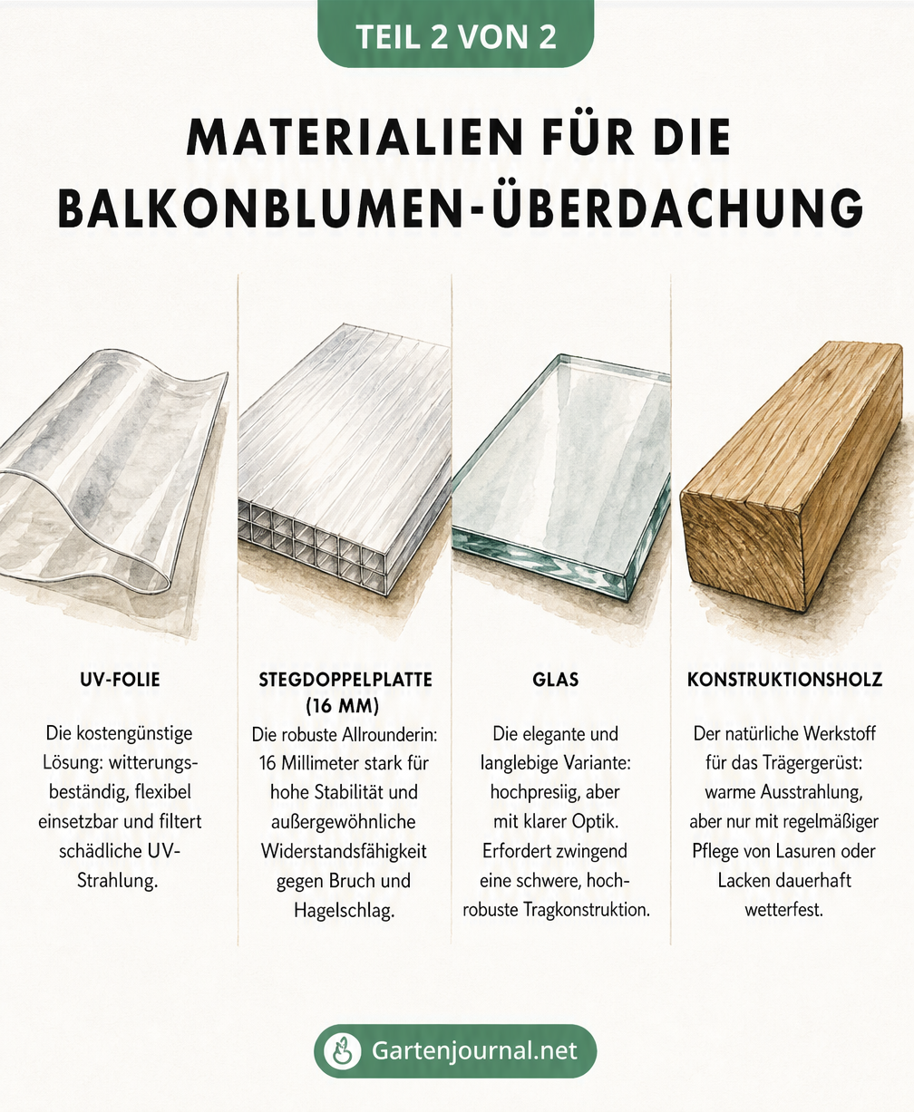 Vier Materialmuster für Balkonüberdachungen: UV-Folie, Stegdoppelplatte, Glasscheibe und Konstruktionsholz mit ihren Eigenschaften
