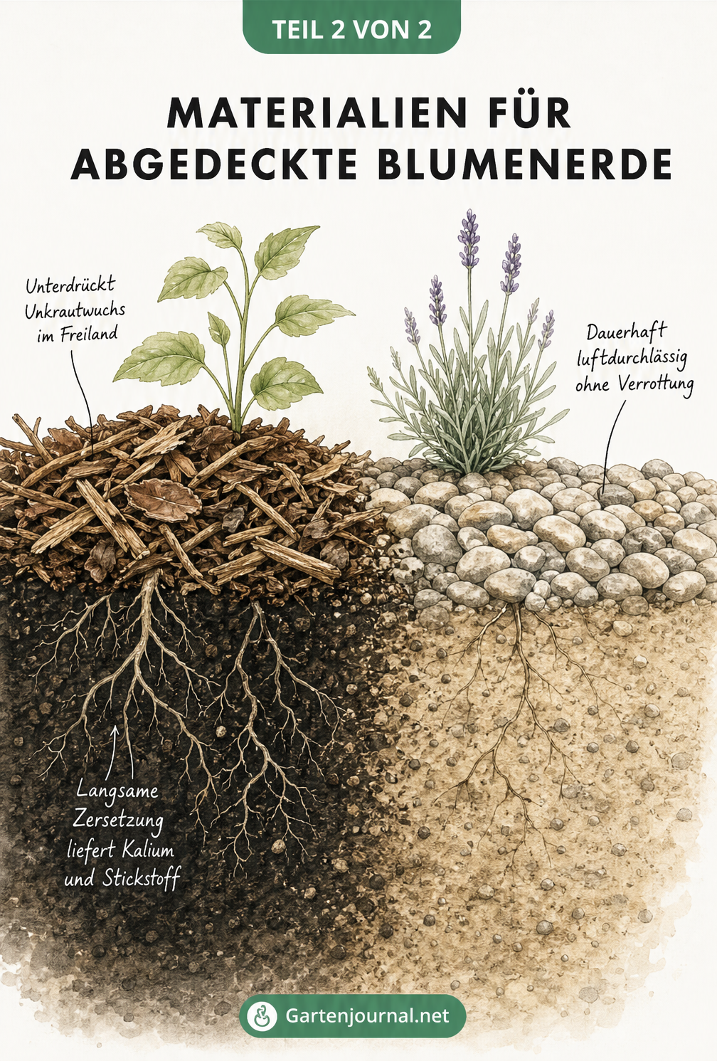 Gegenüberstellung von organischem Rindenmulch und mineralischen Kieselsteinen als Abdeckung für Blumenerde im Querschnitt.