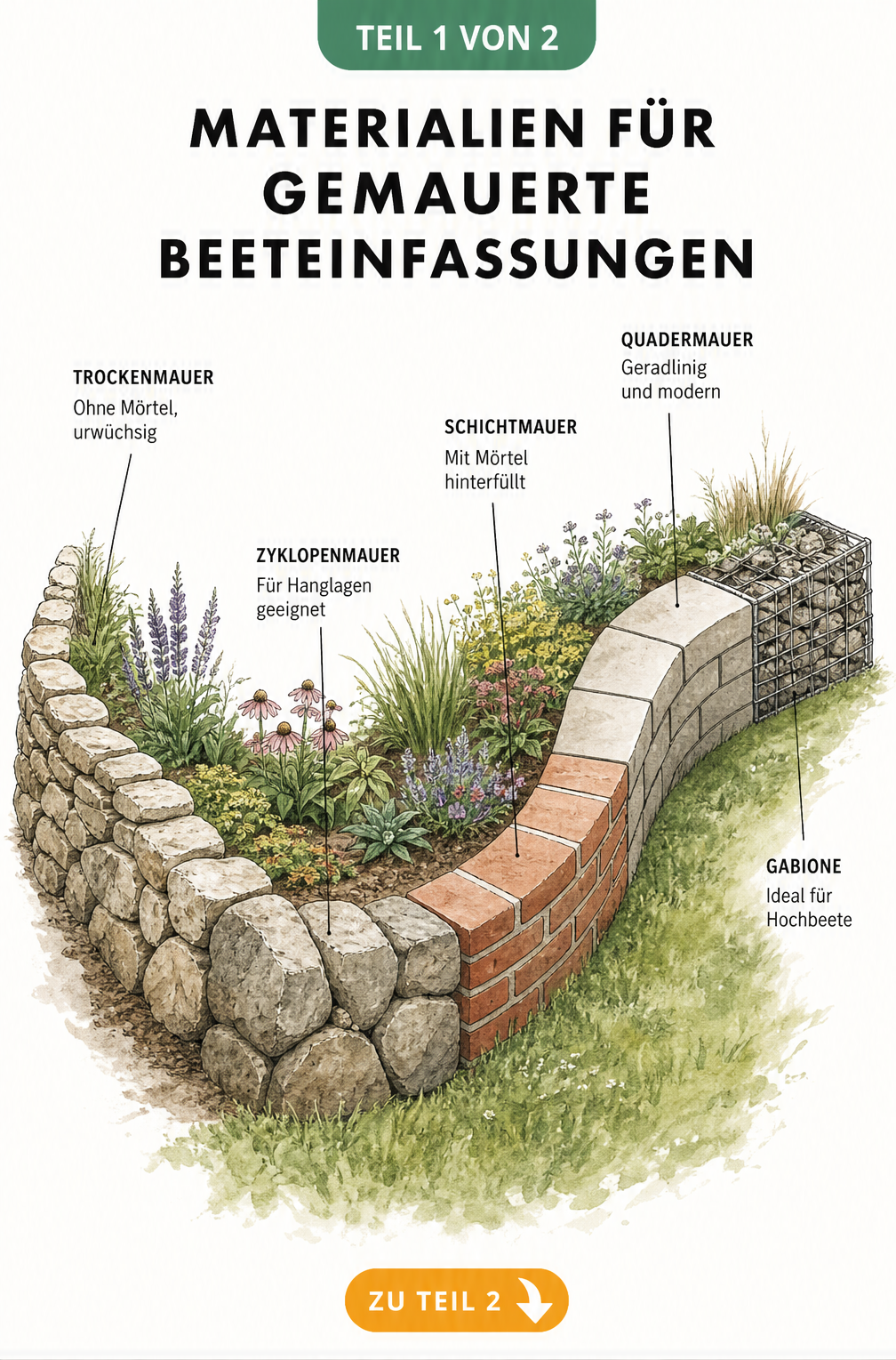Illustration verschiedener Materialien für gemauerte Beeteinfassungen wie Trockenmauer, Zyklopenmauer, Schichtmauer, Quadermauer und Gabione