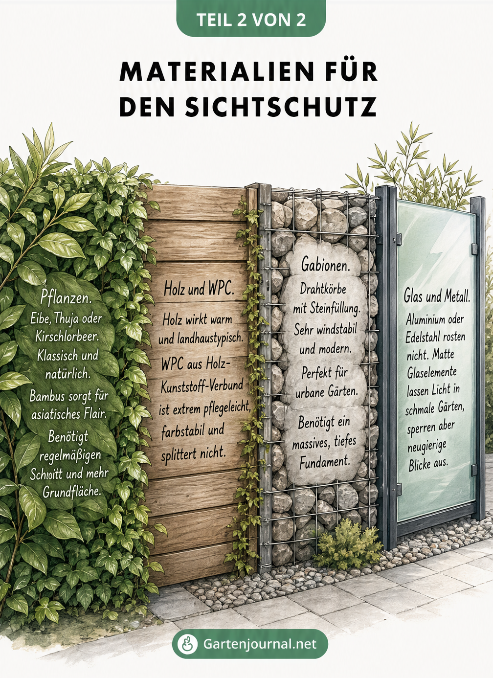 Illustration verschiedener Sichtschutz-Materialien im fließenden Übergang: Hecke, Holz, WPC, Gabionen und Milchglas mit Metall