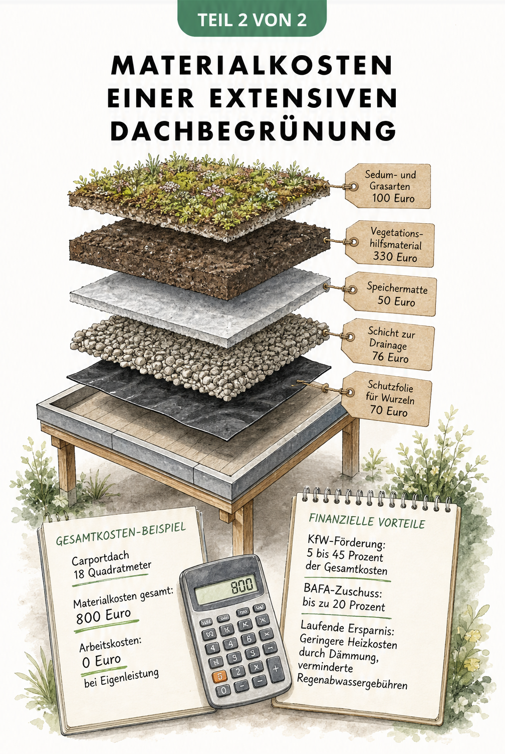 Isometrische Explosionszeichnung eines Carport-Daches, die den Schichtaufbau und die Materialkosten einer extensiven Dachbegrünung zeigt.