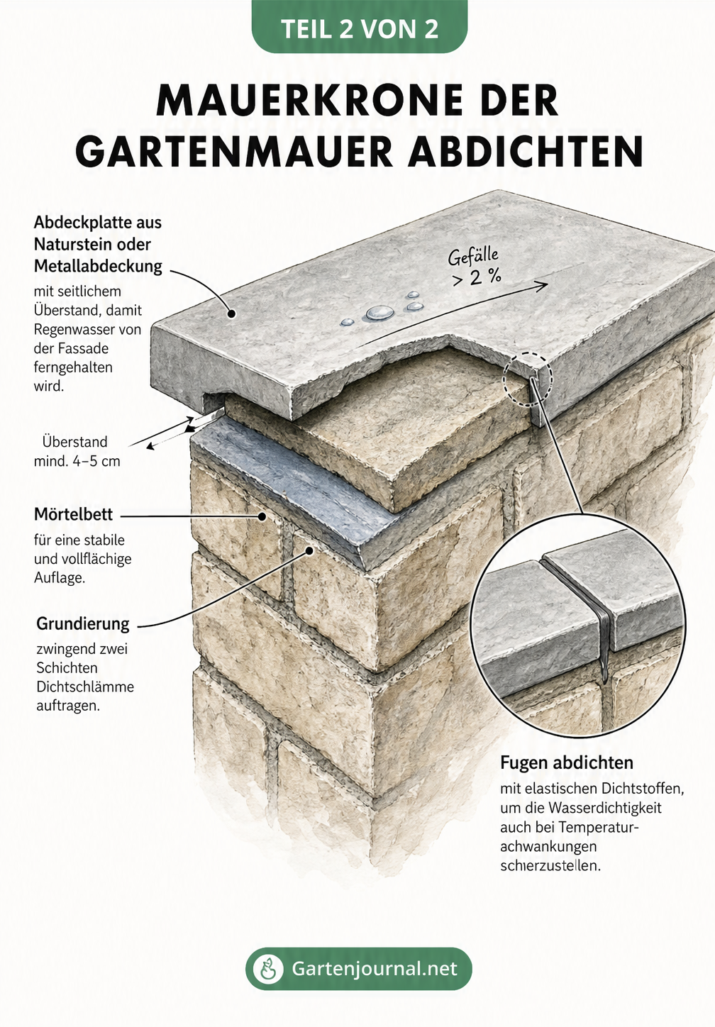 Isometrische Nahaufnahme einer Mauerkrone mit Dichtschlämme, Mörtelbett, Abdeckplatte mit Gefälle und abgedichteter Fuge