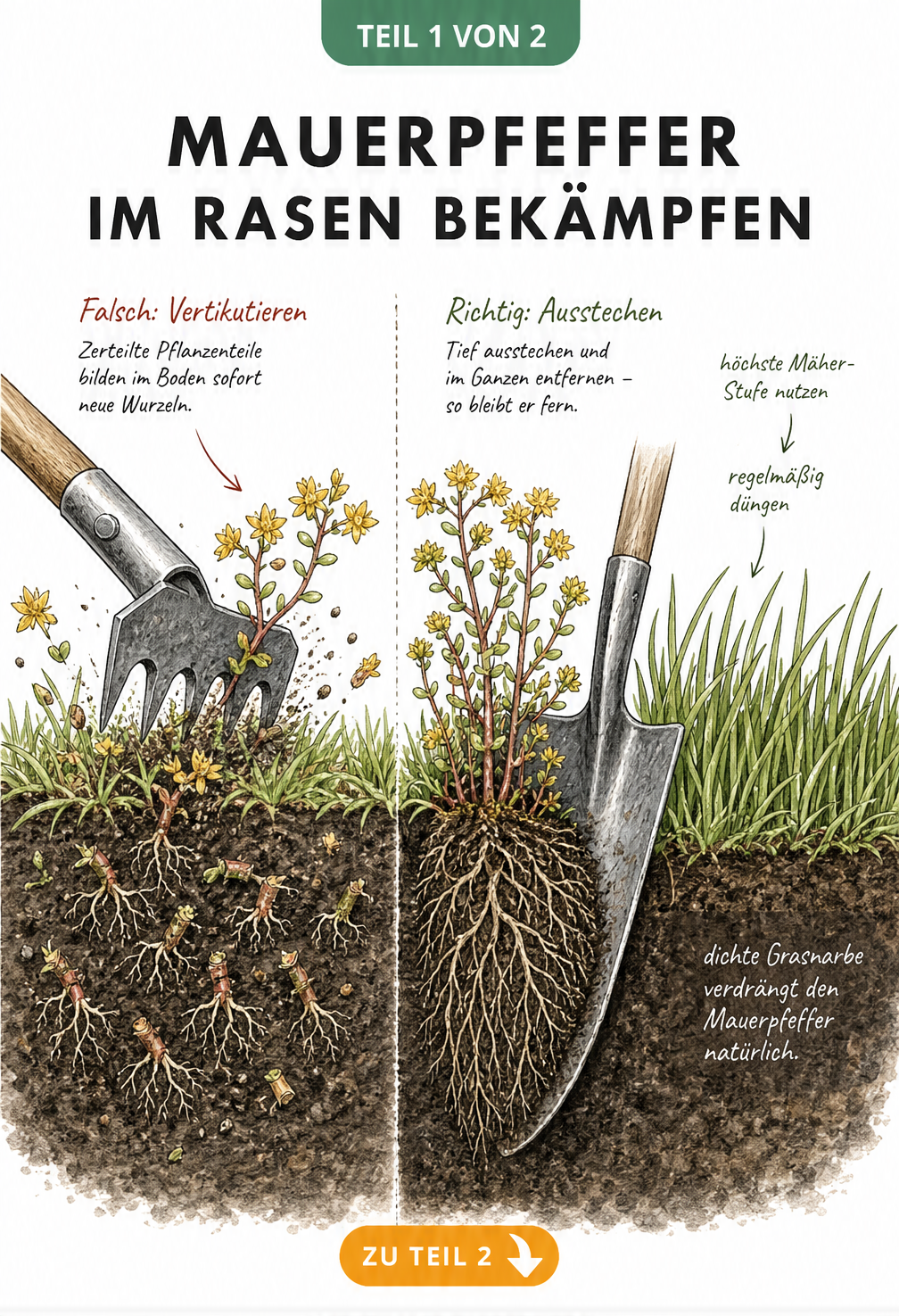 Querschnitt eines Rasens: Vertikutierer zerschneidet Mauerpfeffer, der sich dadurch vermehrt, während ein Spaten die Pflanze tief ausgräbt.
