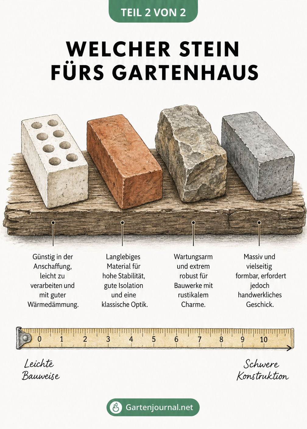 Vier verschiedene Mauersteine für den Gartenhausbau: Kalksandstein, Ziegelstein, Naturstein und Betonstein im Vergleich