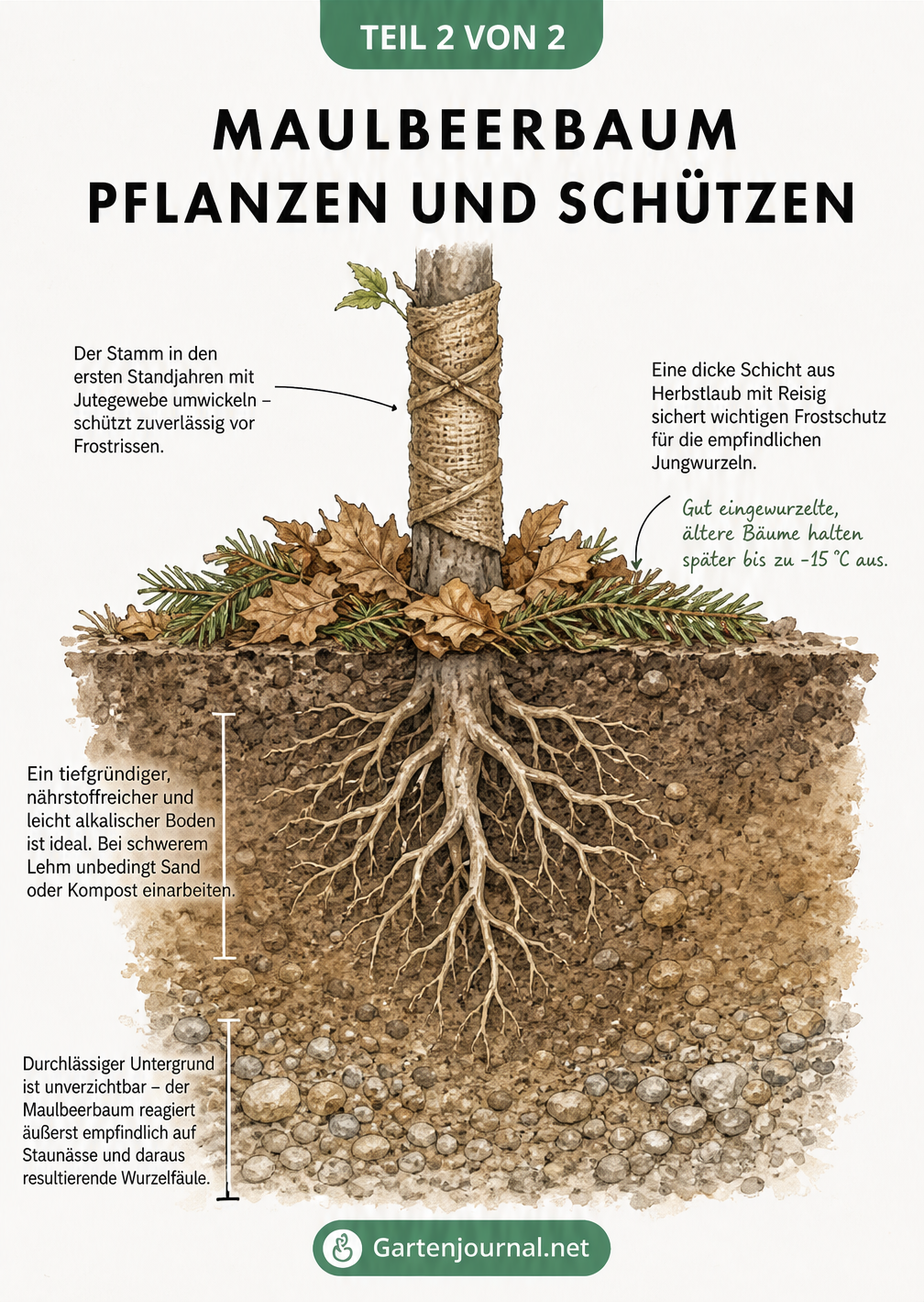 Querschnitt durch den Boden eines jungen Maulbeerbaums mit Juteschutz am Stamm, Laubschicht als Frostschutz und tiefen Wurzeln in durchlässiger Erde.