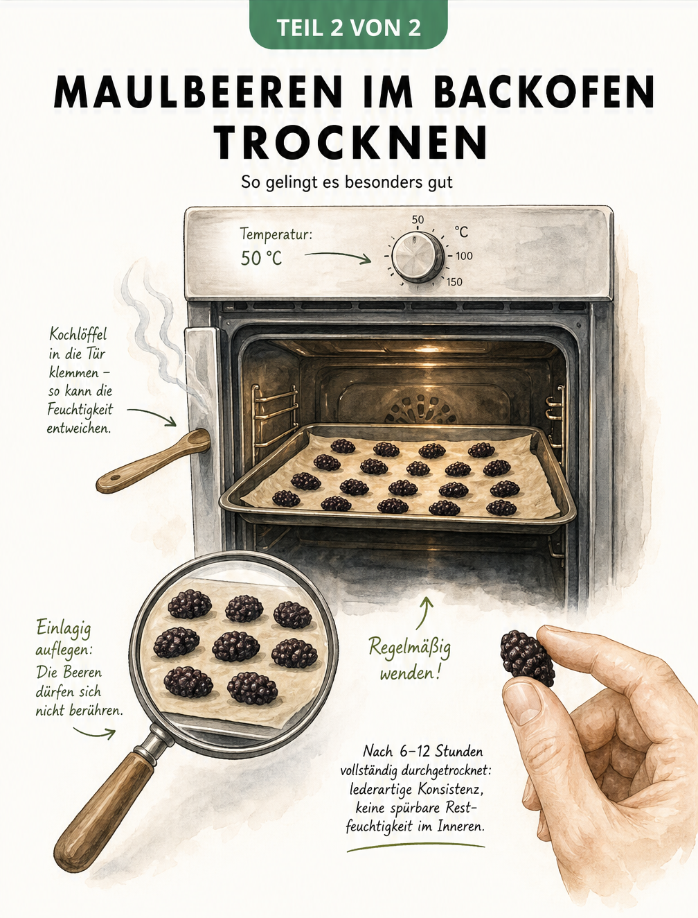Schnittzeichnung eines Backofens mit Maulbeeren auf einem Backblech und eingeklemmtem Holzlöffel