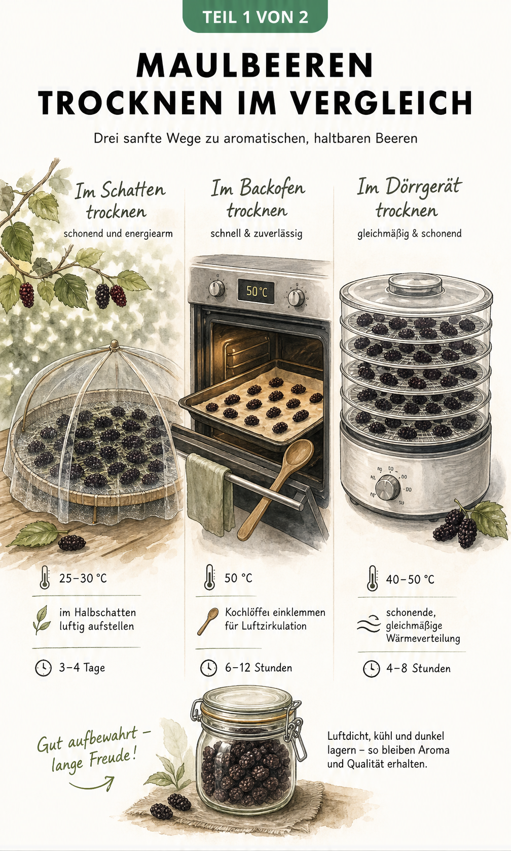 Illustration der drei Methoden zum Trocknen von Maulbeeren: an der Luft, im Backofen und im Dörrgerät