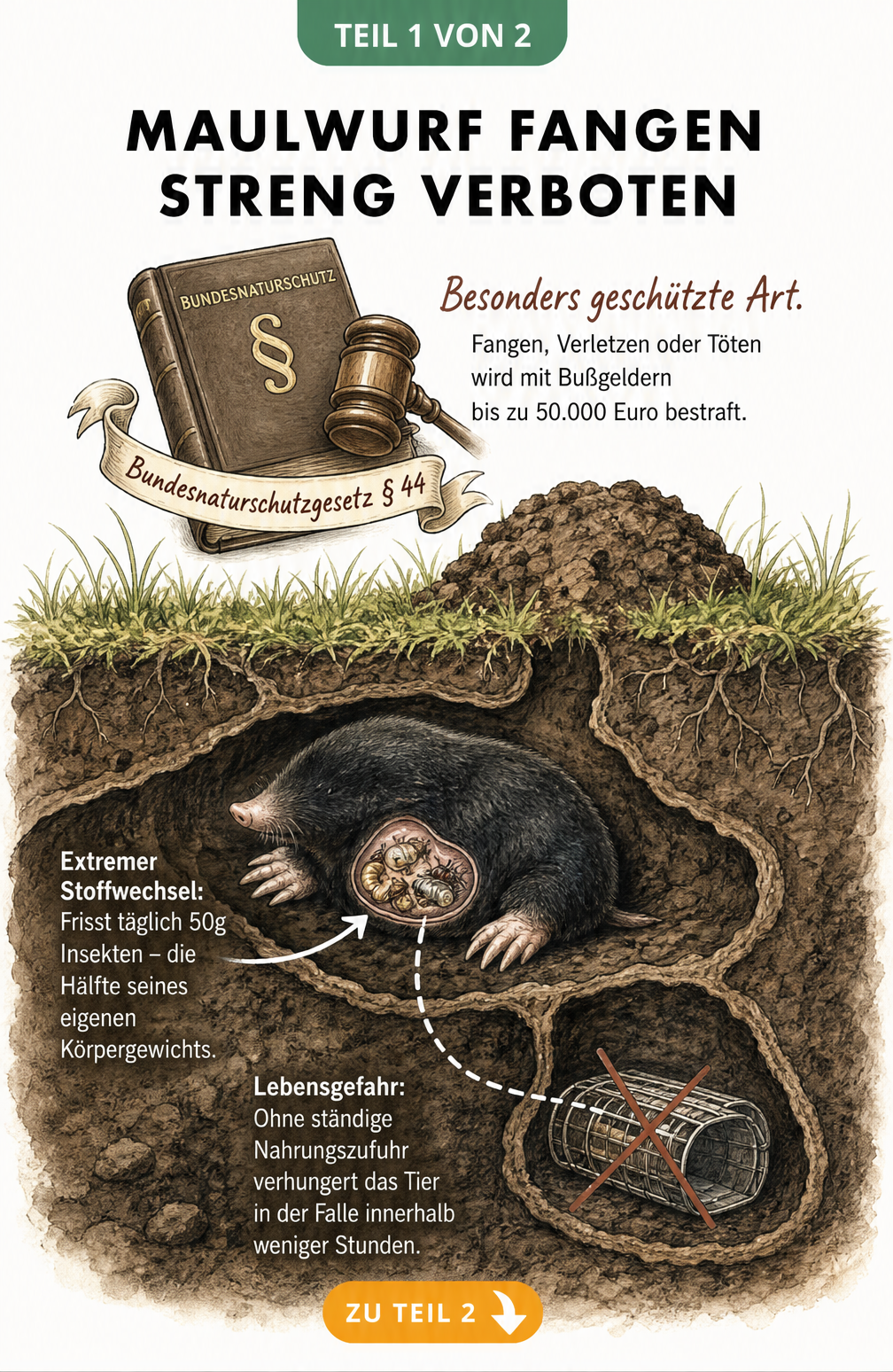 Querschnitt eines Gartenbodens mit Maulwurf, der Insekten frisst, einer durchgestrichenen Lebendfalle und einem Gesetzbuch zum Bundesnaturschutzgesetz.