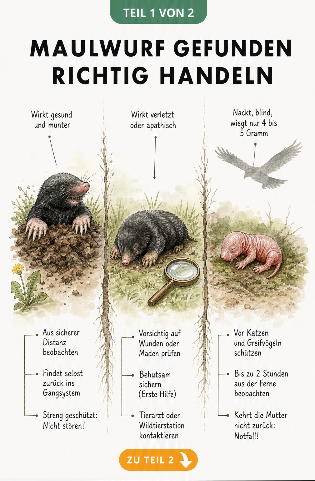 Illustration von drei Begegnungssituationen mit einem Maulwurf: gesund, verletzt und als nacktes Baby
