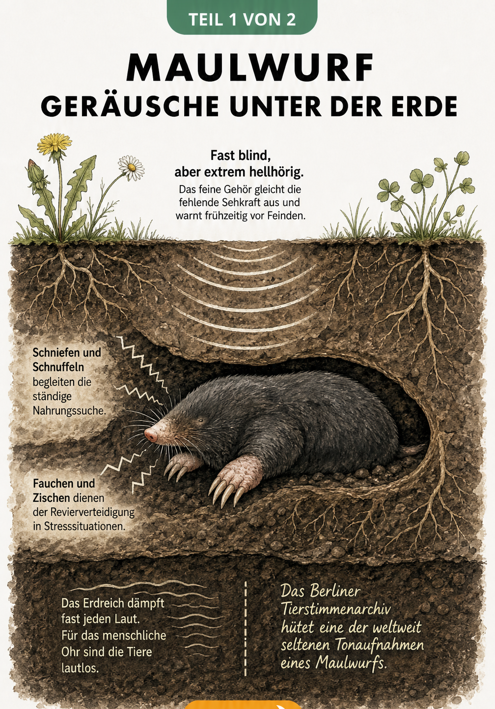 Querschnitt durch das Erdreich mit einem Maulwurf, der Geräusche empfängt und eigene Laute wie Schniefen und Fauchen abgibt.